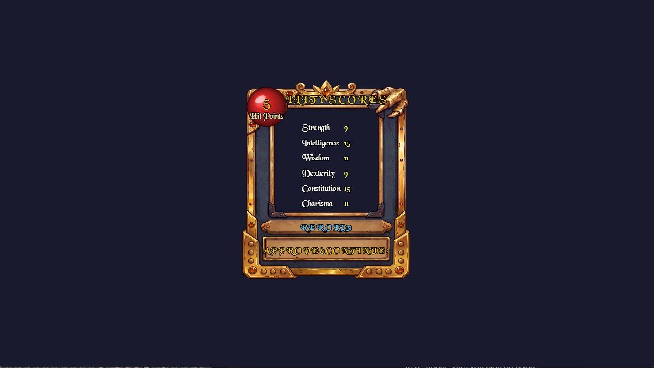 The roll card: six ability scores rolled 3d6 each, with your estimated Hit Points in the red orb